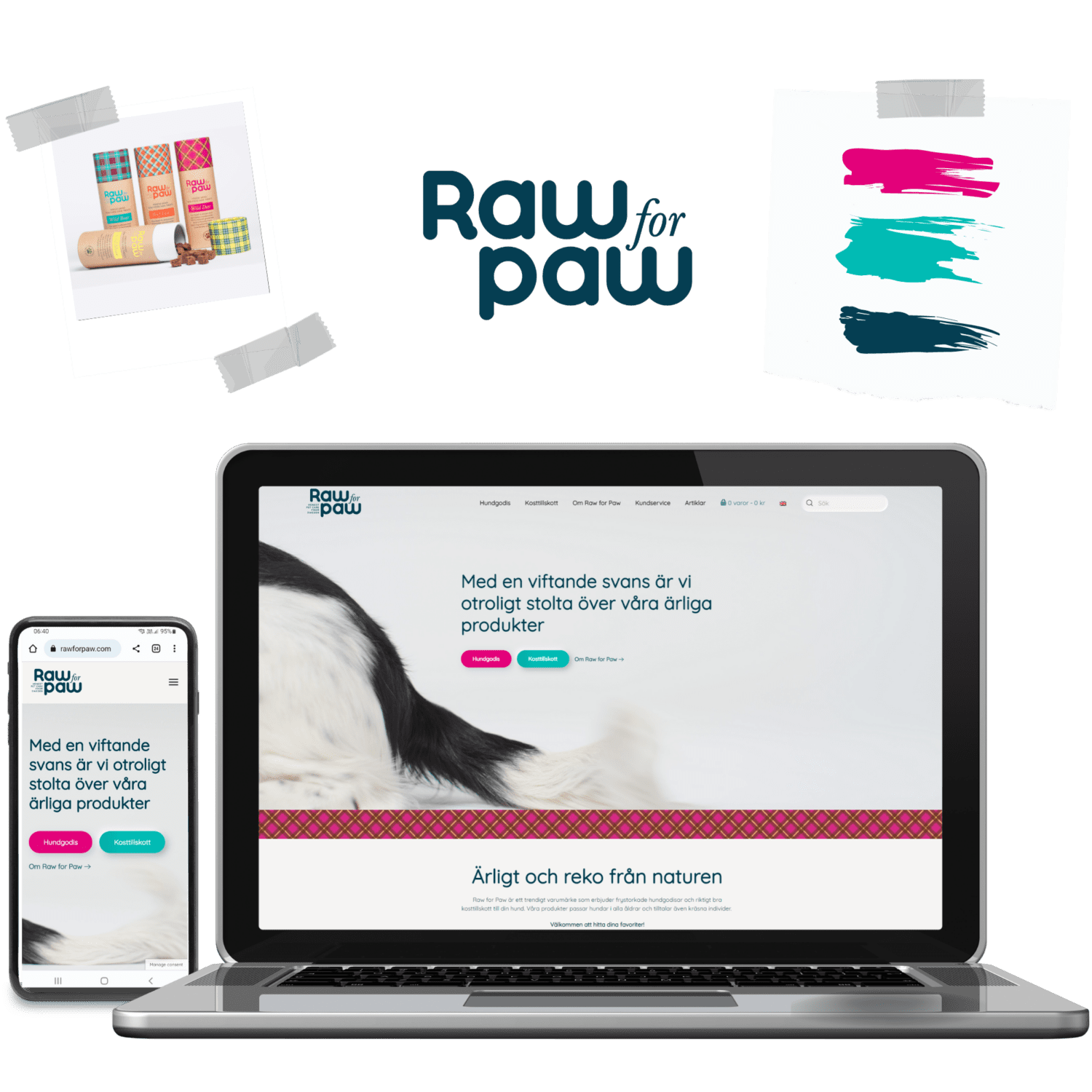 Laptop och mobiltelefon med Raw for Paws webbsida, ett foto på produkterna samt färgförslag och deras loga