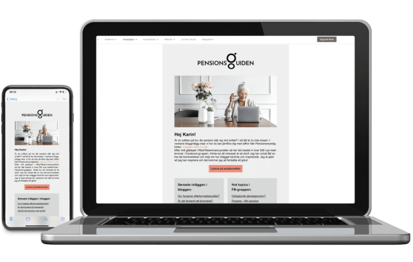 Dator och mobiltelefon som visar ett mailutskick för Pensionsguiden