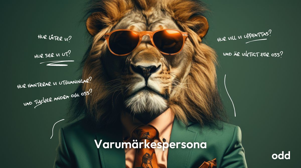 Ett lejon i kostym och solglasögon, omgiven av frågor om varumärket.