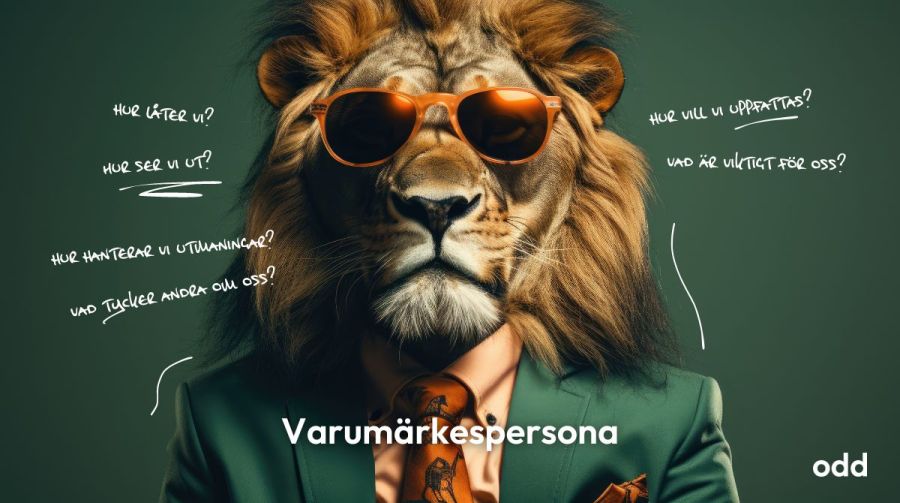 Ett lejon i kostym och solglasögon, omgiven av frågor om varumärket.